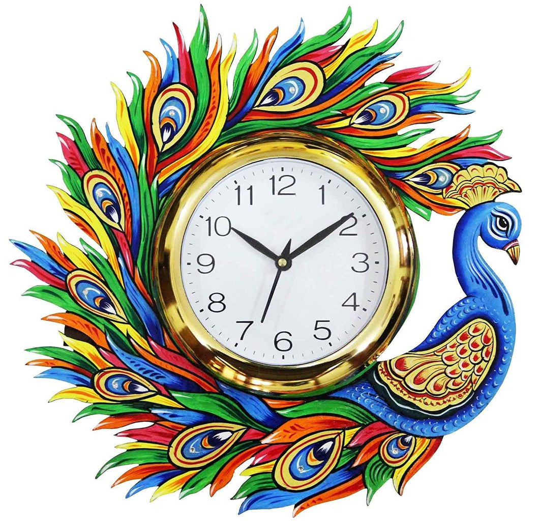 handcrafted multicolored peacock clock